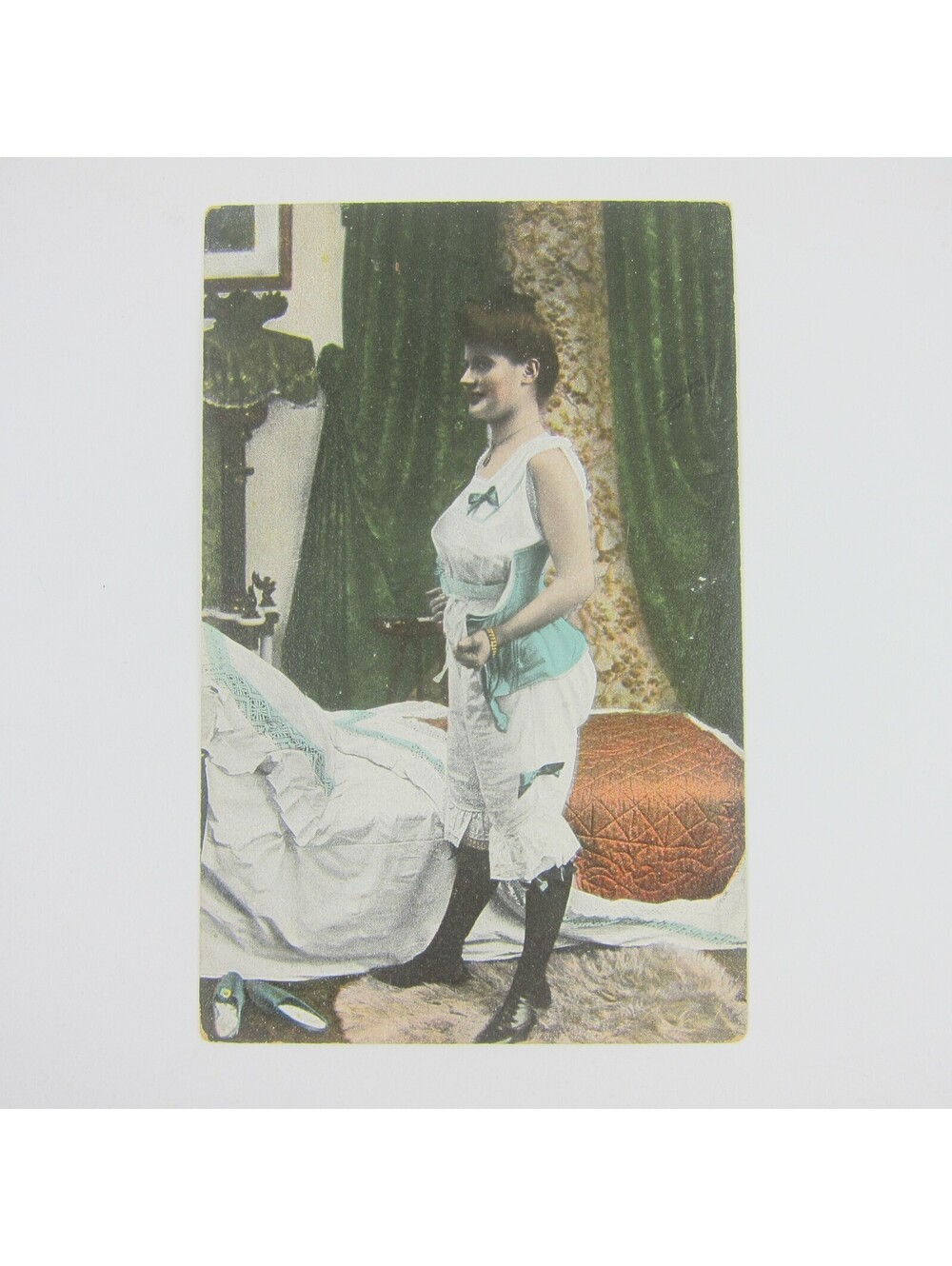 Postcard Risque French Woman Undressing in Bedroom Next to Bed Antique